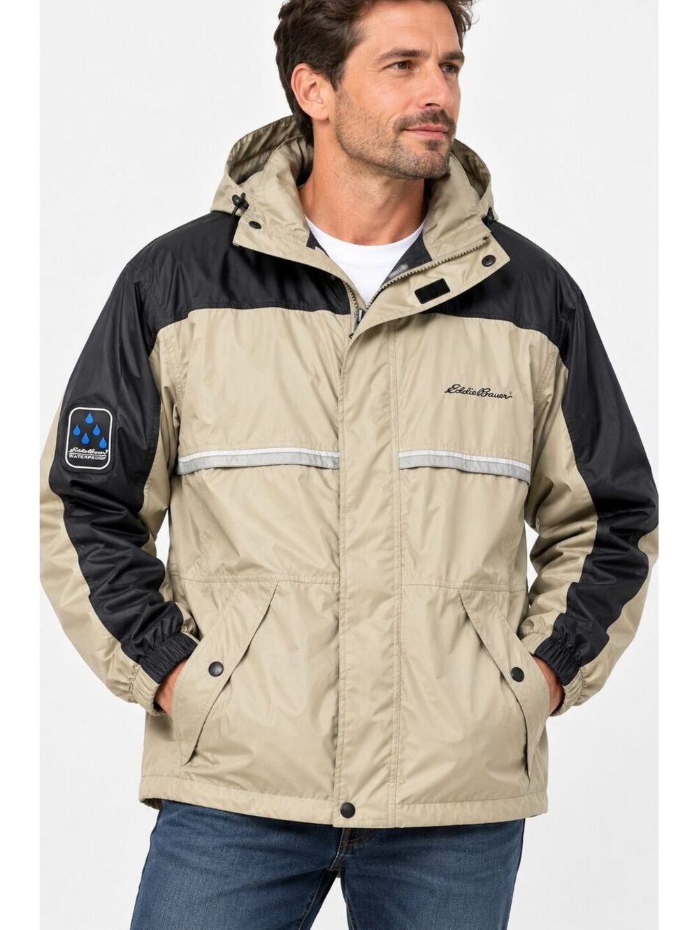 Eddie Bauer Waterproof Rain Jacket Black Tan Mens M Colorblock Retro Size M